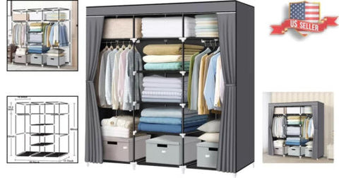 Portable Closet - 2 Hanging, 7 Shelf, 3 Drawer, Strong Materiel 55.5x17x69" Grey
