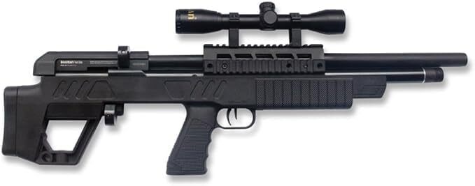 Black airgun with scope on a white background