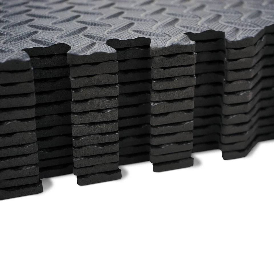 Foam Gym Flooring Exercise Mats – 48sqft– Black 24"x24" (12-Piece Set + 24 Edges)